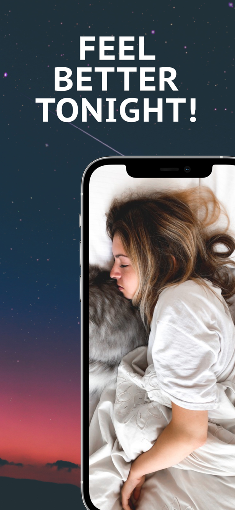 Promotional image for Sleep Fan app showing a woman sleeping peacefully with a starry sky background and the text Feel Better Tonight