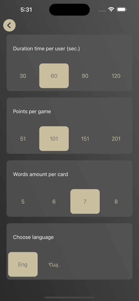 Menu de definições para o jogo de festa Alias, mostrando opções de duração da ronda, pontos-alvo, palavras por carta e seleção de idioma