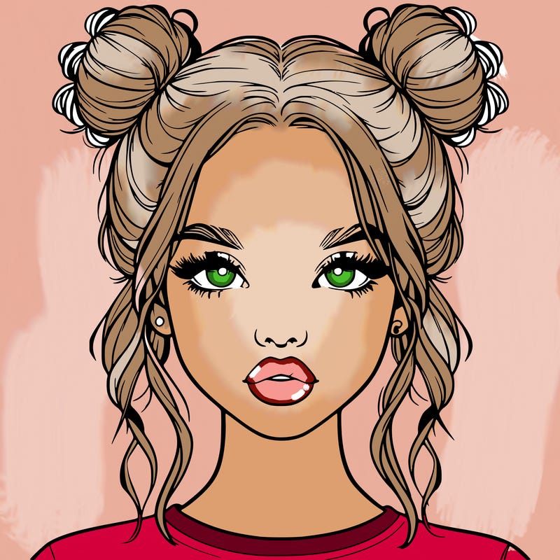 realistic girl with two buns in hair and lips