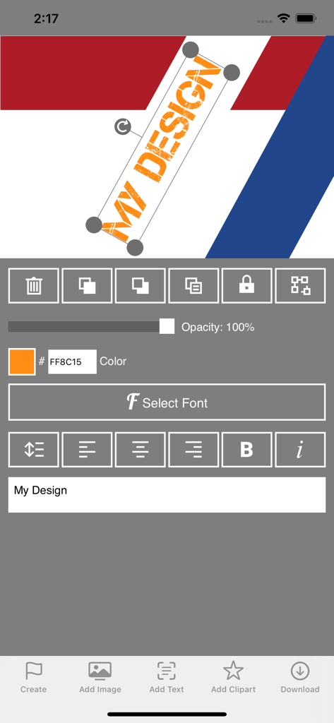 Interface of the Flag Design app showing text customization tools on a flag template.