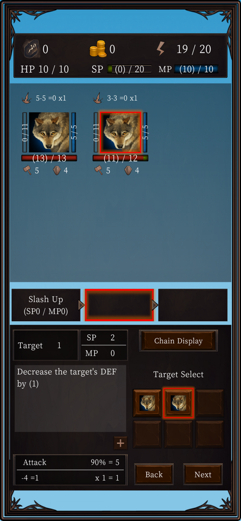 Ax RPG II - Écran de combat au tour par tour dans Ax RPG II présentant des ennemis loups et une interface de sélection de compétences