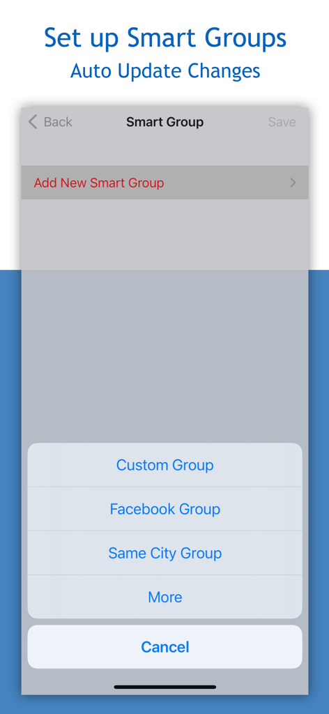 Group RCS SMS and Email - Oberfläche für die Einrichtung intelligenter Kontaktgruppen mit Optionen für benutzerdefinierte und Social-Media-Gruppen