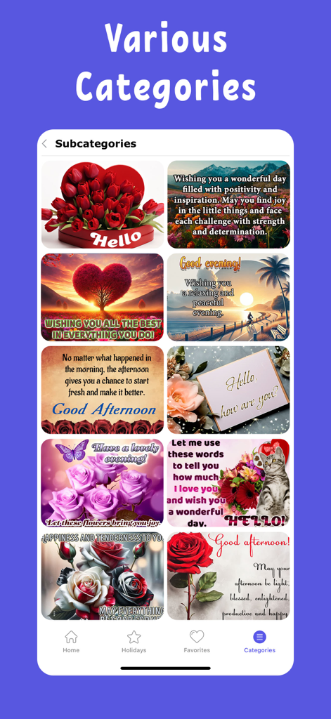 Love message & Birthday wishes - A mobile app screen showing a variety of greeting card categories with floral and heart designs