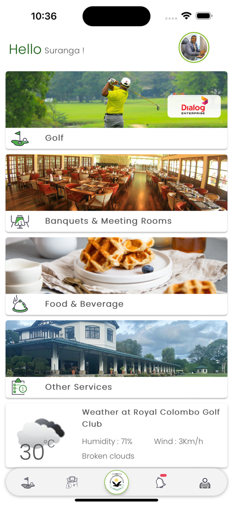 Royal Colombo Golf Club - The home screen of the Royal Colombo Golf Club app displaying categories for golf, events, food, and current weather conditions.