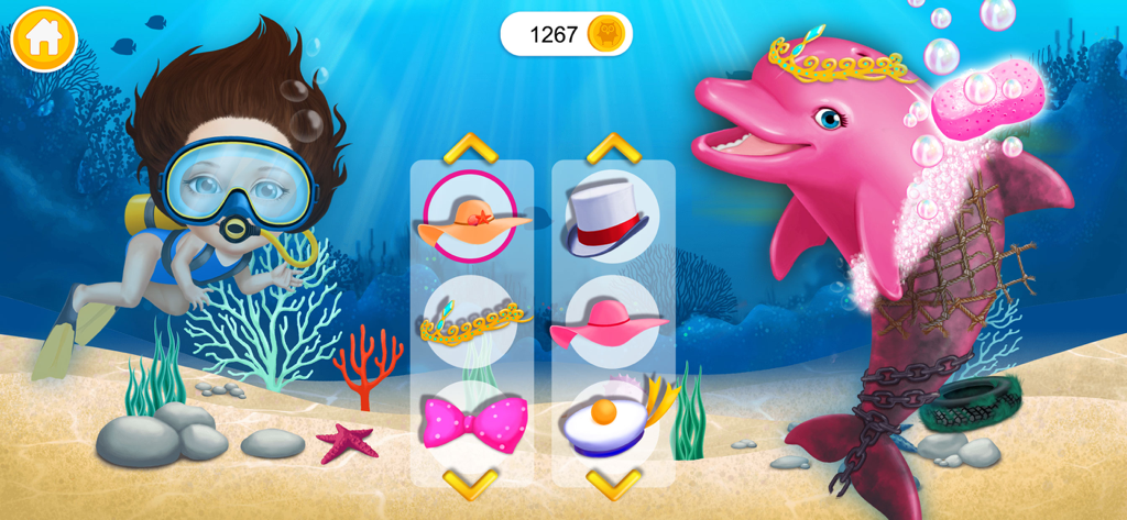 Sweet Olivia Summer Fun 2 - A girl scuba diver rescuing a pink dolphin from a net and choosing accessories in an underwater scene.