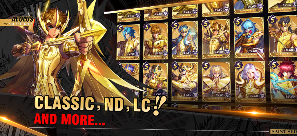 Saint Seiya Awakening menu showing Sagittarius Aeolus and a grid of unlocked level sixty Saints
