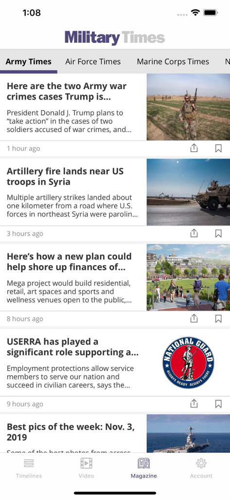 Military Times - Military Times app interface displaying a list of news articles with categories for Army, Air Force, and Marine Corps.