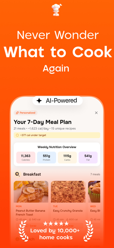 WhatToCook- AI Meal Planner - App interface showing a personalized 7-day meal plan with weekly nutrition data and recipe suggestions