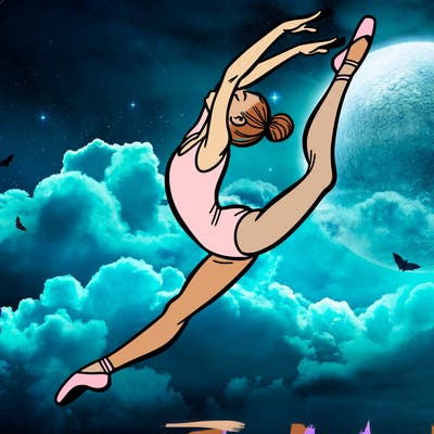 gymnast doing a leap in a leotard with a bent back leg