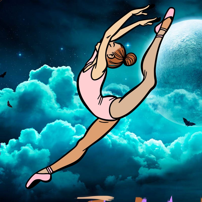 gymnast doing a leap in a leotard with a bent back leg
