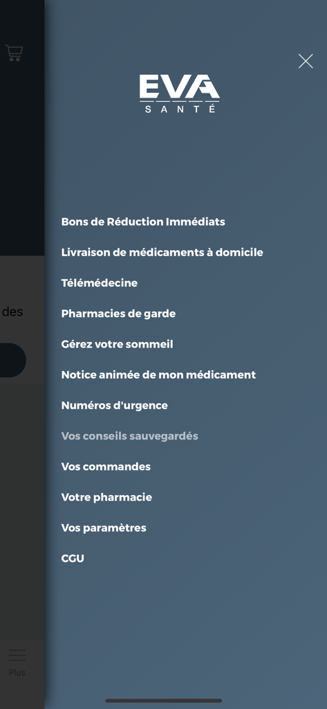 EVA Santé - Menú de la aplicación móvil EVA Sante que enumera los servicios de salud y las funciones de la farmacia.