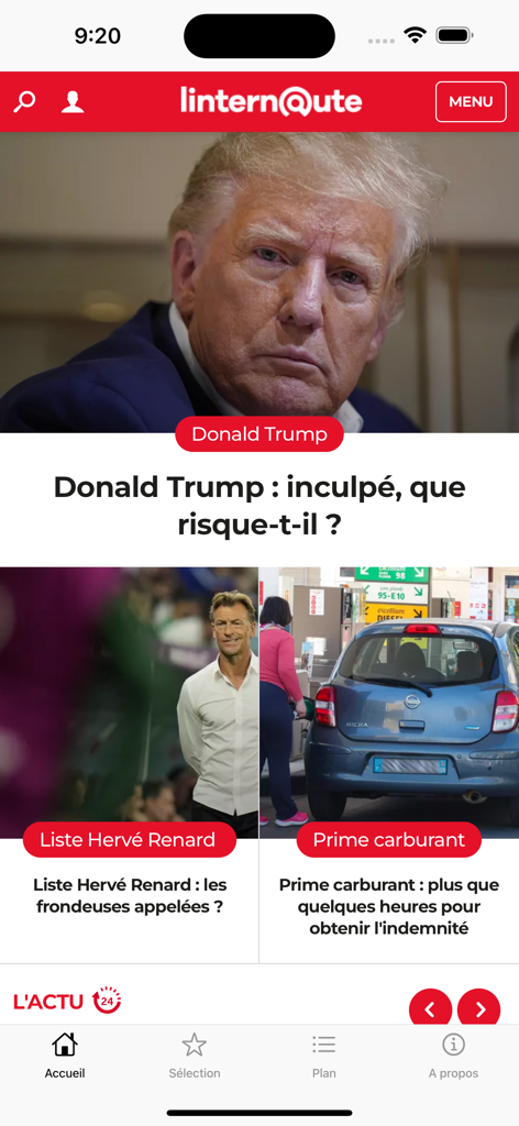 L'écran d'accueil de l'application mobile Linternaute affichant les titres des actualités et les articles en français.
