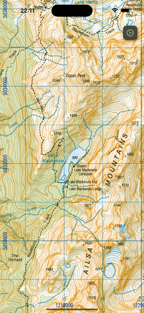 MapApp NZ South Island - High resolution topographic map of the Routeburn Track in New Zealand South Island showing contour lines and Lake Mackenzie