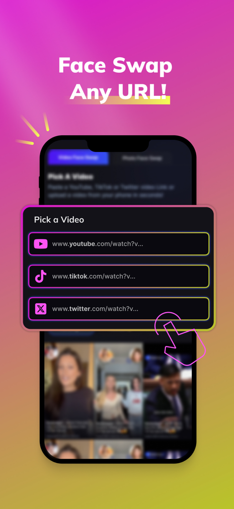 Swapzy AI app screen showing options to paste video links from YouTube TikTok and Twitter for instant face swapping