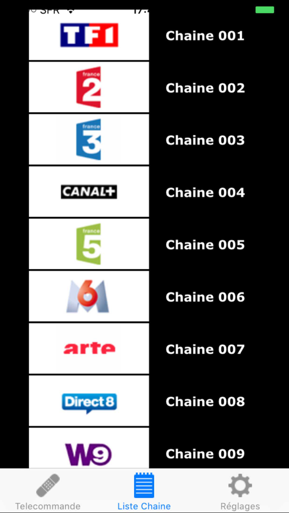 Application de télécommande Freebox affichant une liste de chaînes de télévision françaises