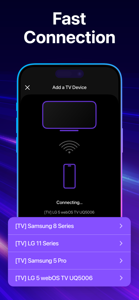 삼성 및 LG와 같은 다양한 스마트 TV 브랜드에 RemoTV 앱이 빠르게 연결되는 과정을 보여주는 스마트폰 화면.