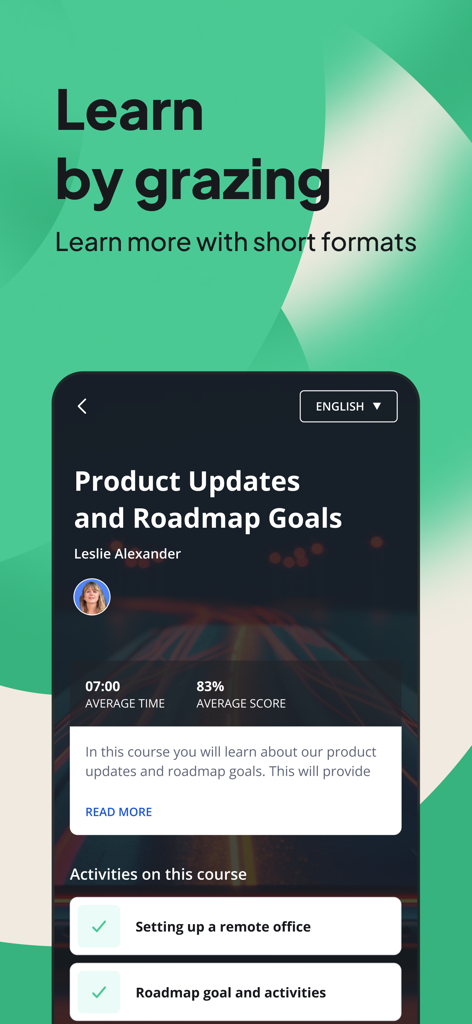 A mobile interface for the 360Learning app displaying a short corporate course titled Product Updates and Roadmap Goals.