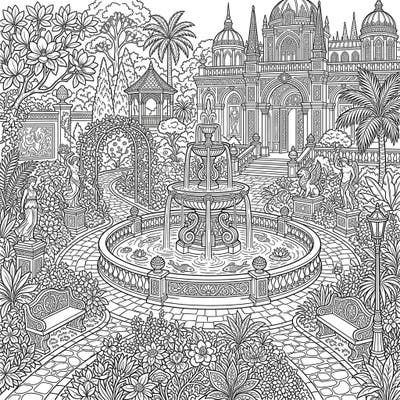 Step into a world of royal beauty with this captivating Palace Gardens coloring page, designed especially for teens. Immerse yourself in intricate details, from grand fountains to lush exotic plants, perfect for a relaxing artistic escape.