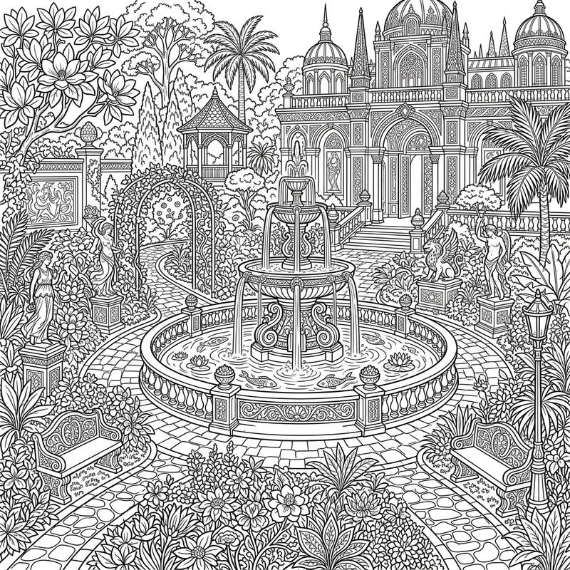 Step into a world of royal beauty with this captivating Palace Gardens coloring page, designed especially for teens. Immerse yourself in intricate details, from grand fountains to lush exotic plants, perfect for a relaxing artistic escape.