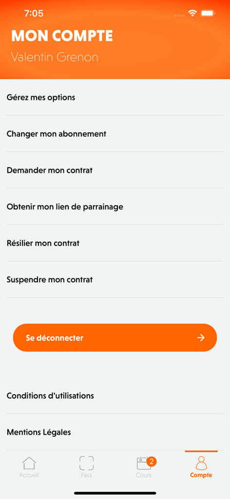 easyGym Fitness app screen showing user account options like managing subscriptions and referral links