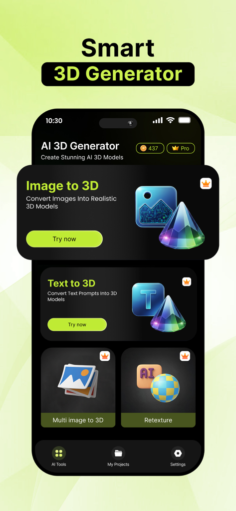 Meshy AI: 3D model generator - Pantalla de la aplicación Meshy AI mostrando herramientas de conversión de Imagen a 3D y Texto a 3D