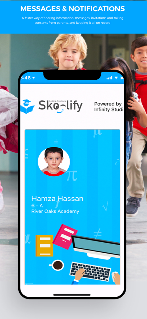 Skoolify - Skoolify app interface displaying a student profile with school notifications and messages banner