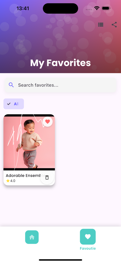 AI Fashion for Baby - A screenshot of the My Favorites section in the AI Fashion for Baby app showing a saved baby outfit ensemble.