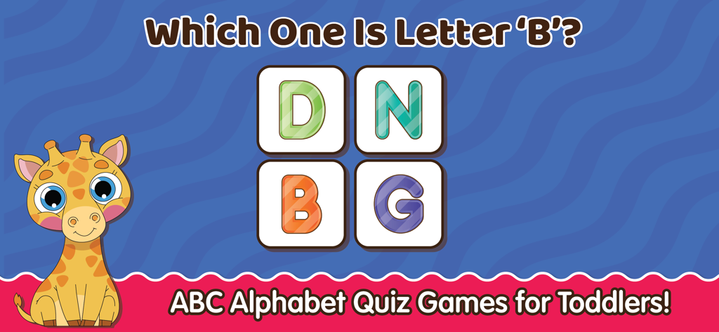 ABC Alphabet Flash Cards Games - Educational quiz screen from the ABC Alphabet app asking toddlers to identify the letter B from a choice of four letters next to a cartoon giraffe.