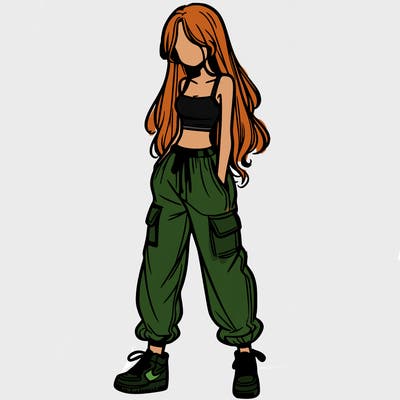 girl in baggy pants crop top and long hair