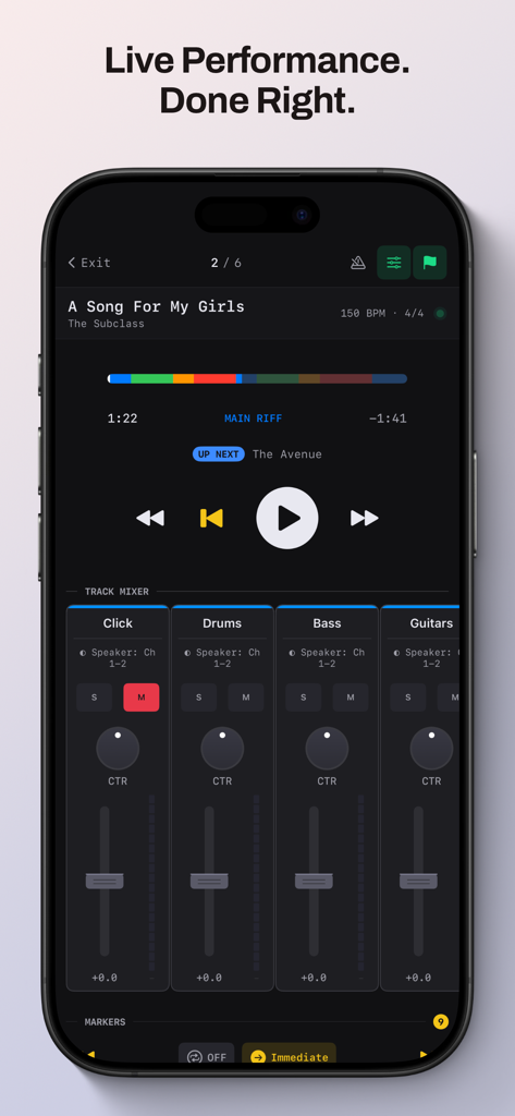 Multitrack Audio Player - Pantalla de actuación del Reproductor de Audio Multitrack que muestra un mezclador de pistas para stems y controles de reproducción en vivo