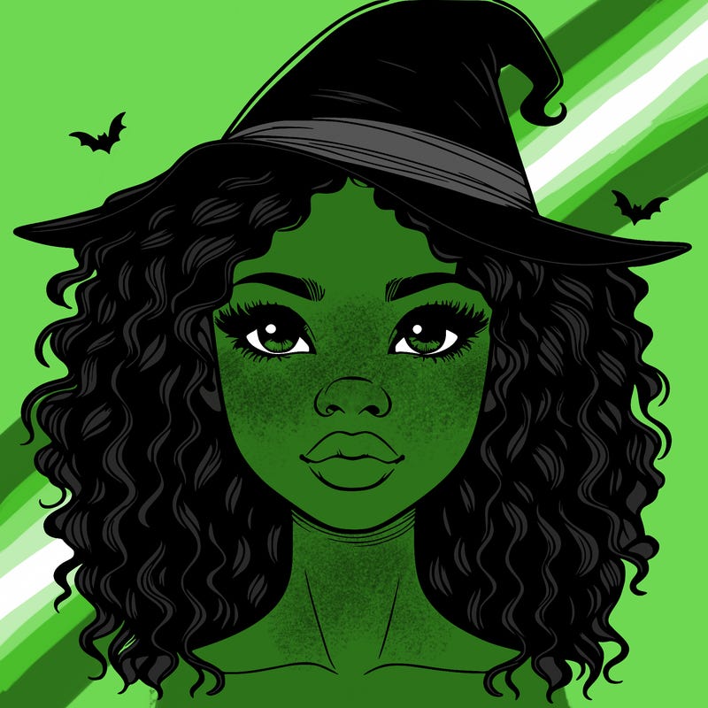 realistic black girl with wavy hair and witch hat and nose and lips