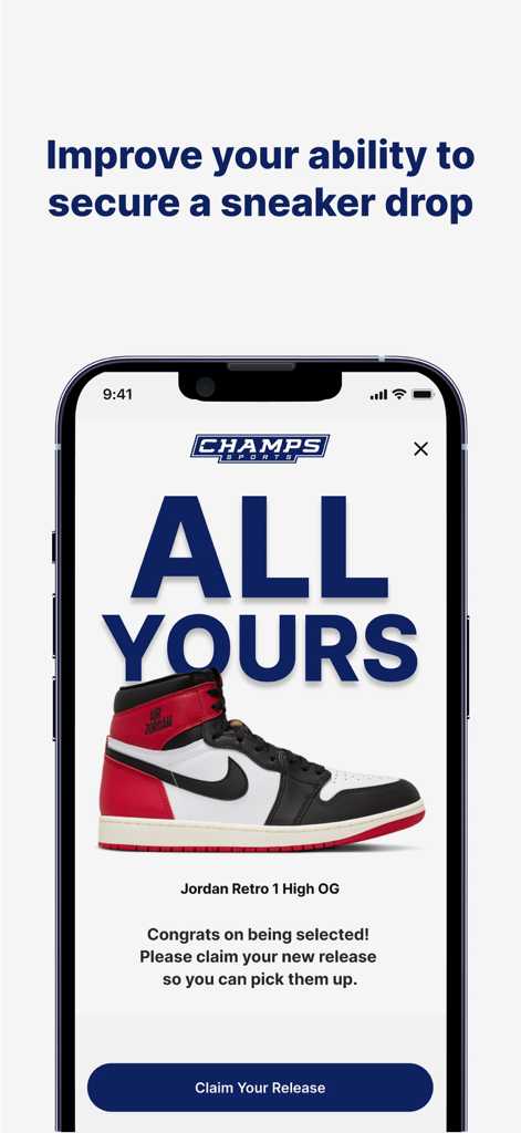 Champs Sports: Shoes & Apparel - Interfaccia dell'app Champs Sports che mostra una prenotazione riuscita per le scarpe Jordan Retro 1 High OG.