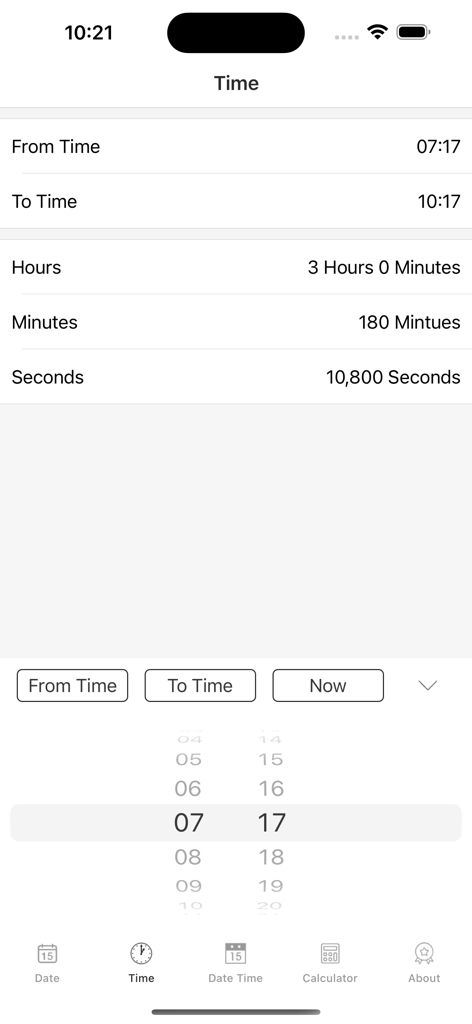 Tela da calculadora de tempo exibindo a duração entre dois horários em horas, minutos e segundos