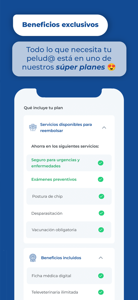 Pawer - Interface of the Pawer app listing pet health benefits and medical services