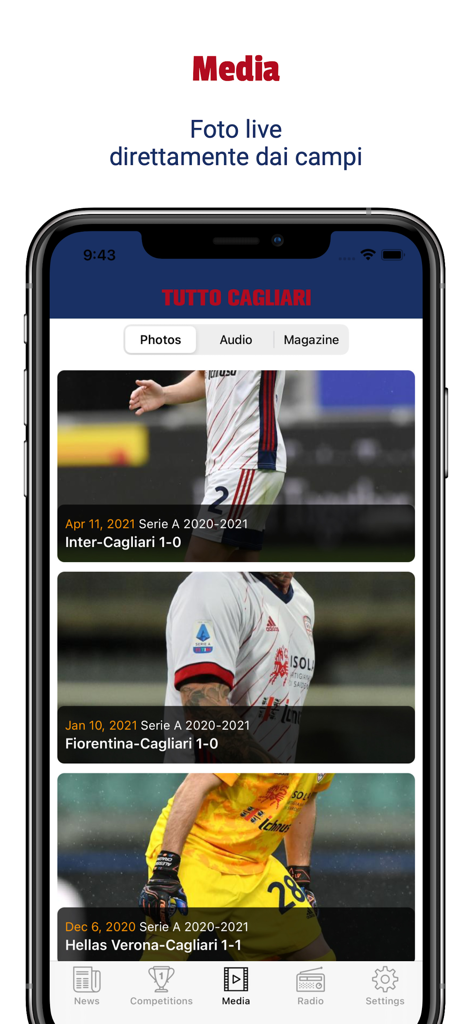 Sección multimedia de la aplicación Tutto Cagliari mostrando fotos en vivo de partidos de fútbol