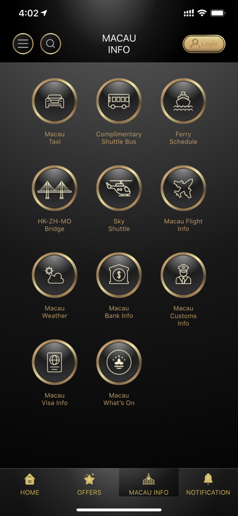 The Macau Info screen of the My Privilege app featuring a luxury interface with icons for transportation, weather, and visa information.