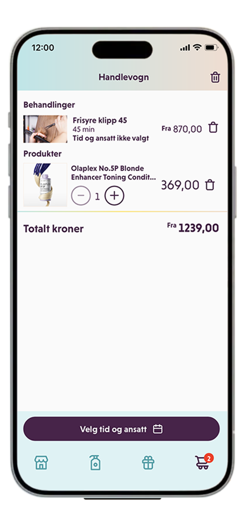 Fixit Timebestilling - A screenshot of the Fixit app showing a shopping cart with a haircut service and an Olaplex hair product
