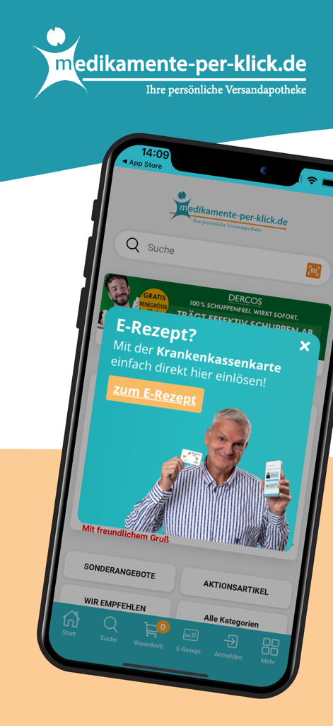 Aplicación móvil Medikamente-per-klick mostrando la función de receta electrónica