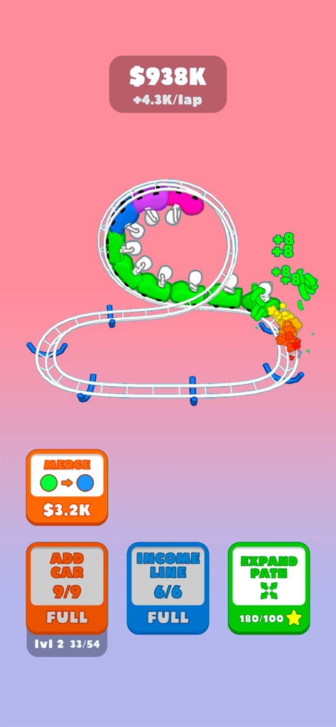 Super Loop!! - Juego de Super Loop mostrando coches de montaña rusa coloridos en una pista blanca con botones de fusión y mejora de la interfaz de usuario.