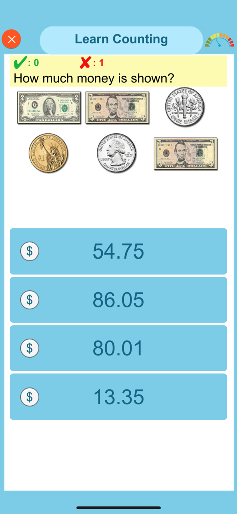 Learn Money Counting - Pädagogische Quizoberfläche in der App Geldzählen lernen, die US-Dollar-Banknoten und Münzen mit Multiple-Choice-Antworten zeigt