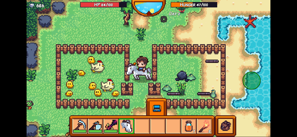 Pixel art gameplay of Pixel Survival Game 3 showing a player character riding a white horse next to a chicken coop on a tropical island.