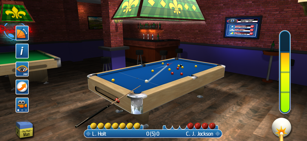 Pro Pool 2026 3D match gameplay on a blue table in a realistic bar setting.