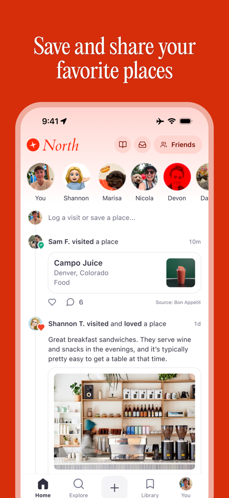 North - Save & Share Places - Feed social de la aplicación North que muestra recomendaciones de amigos y reseñas de lugares locales