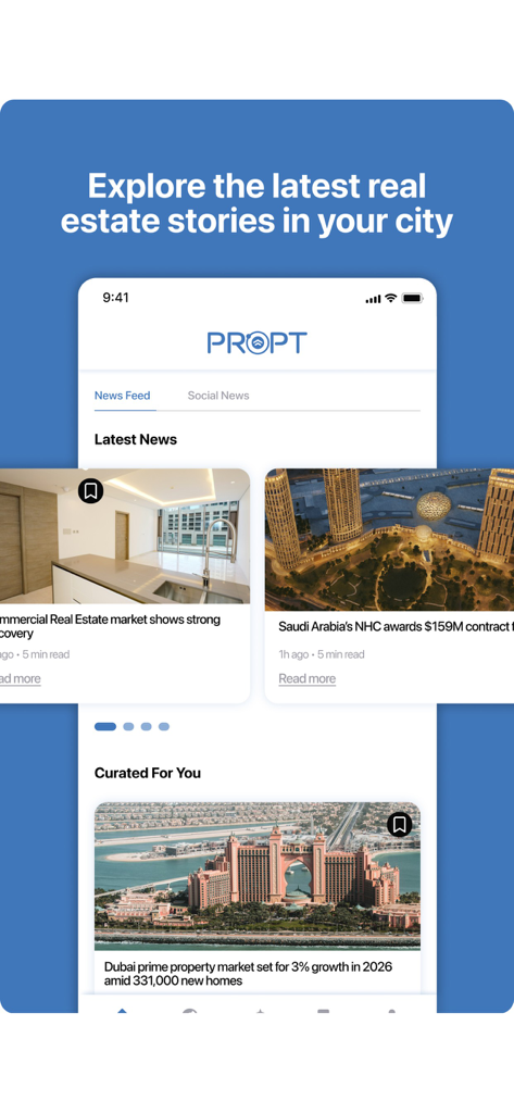PROPT Mobile App News-Feed mit Immobilien-Schlagzeilen für Dubai und Saudi-Arabien