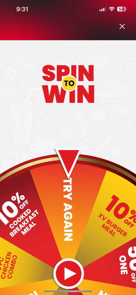Mothers Rewards - Mothers Rewards app Spin to Win wheel showing various meal discounts
