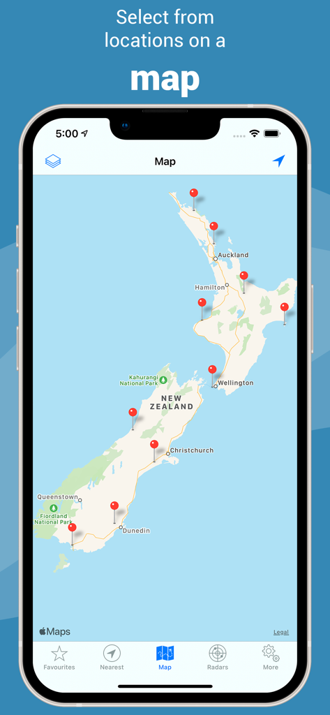 Map of New Zealand with pins showing available rain radar locations.
