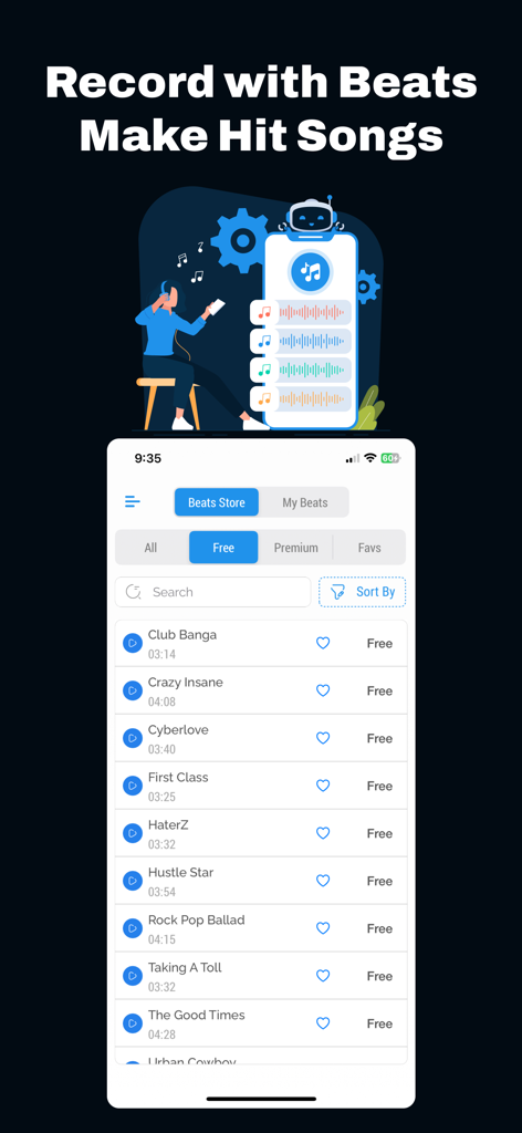 Songwriter’s Pad app Beats Store screen on iPhone displaying a list of free instrumental tracks for recording songs.