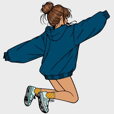realistic girl jumping with a bun and oversized sweatshirt