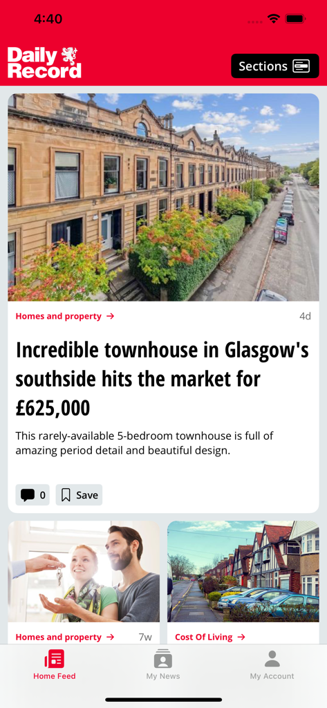 Daily Record App - Der Newsfeed der Daily Record App zeigt einen Artikel über eine Immobilie in einem Stadthaus in Glasgow an