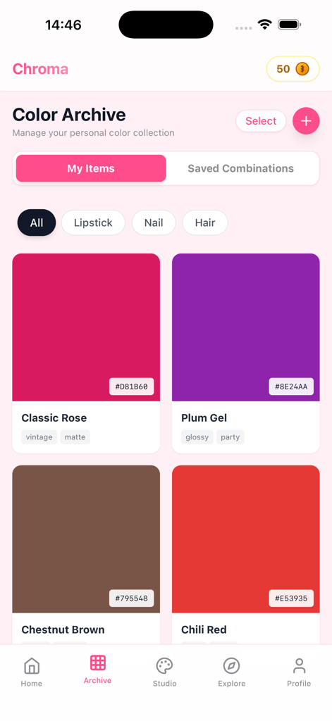 Hanabi~ - A mobile app interface for the Hanabi color archive showing a digital collection of beauty shades like Classic Rose and Plum Gel with hex codes.